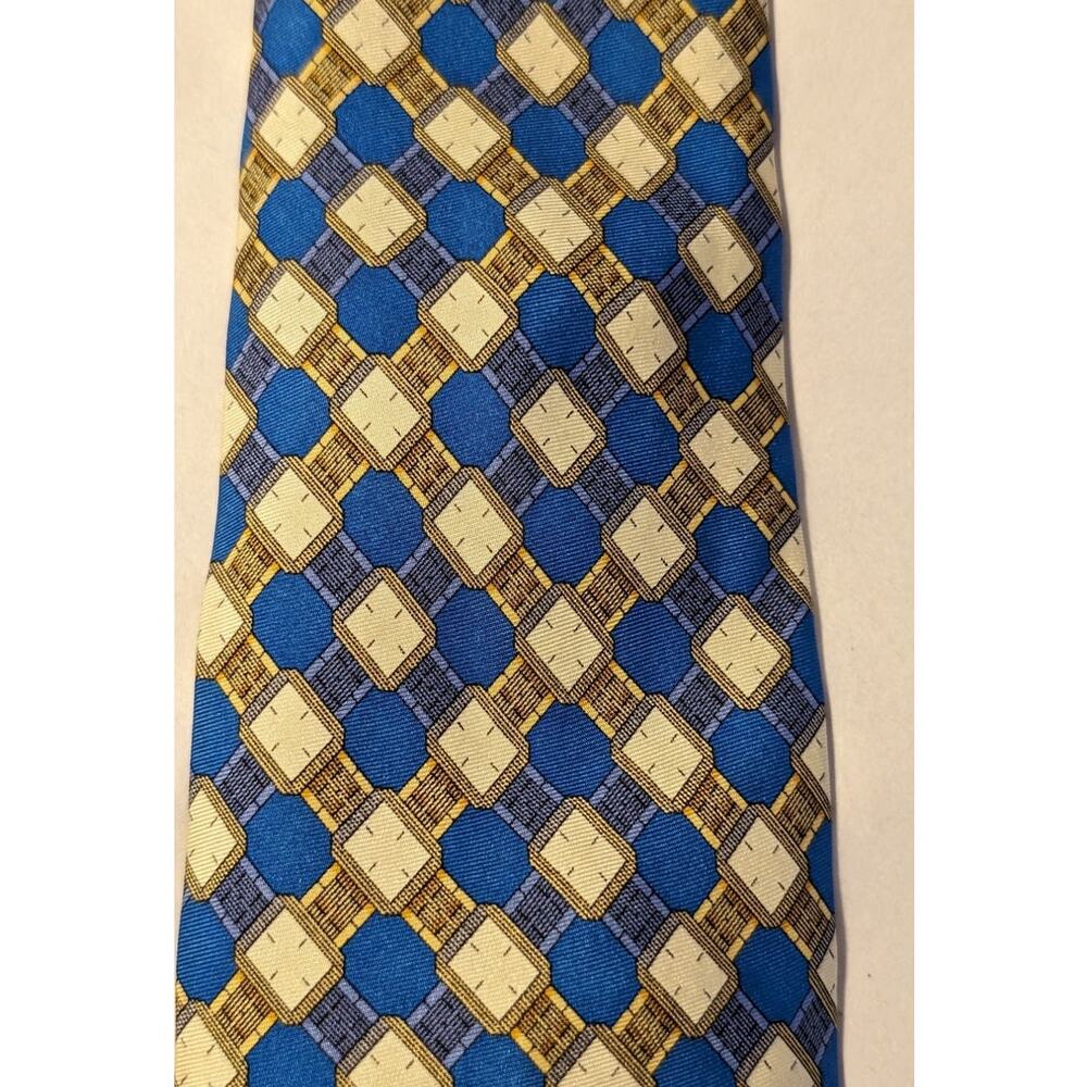 Piaget Silk Vintage 100% Silk Blue Gold Geometric Design Neck Tie - Picture 8 of 16